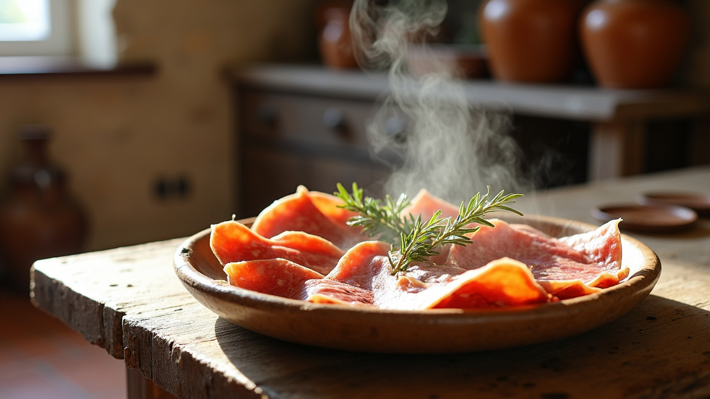 Planche de dégustation avec tranches de prisuttu, lonzu et coppa accompagnés de fromage corse