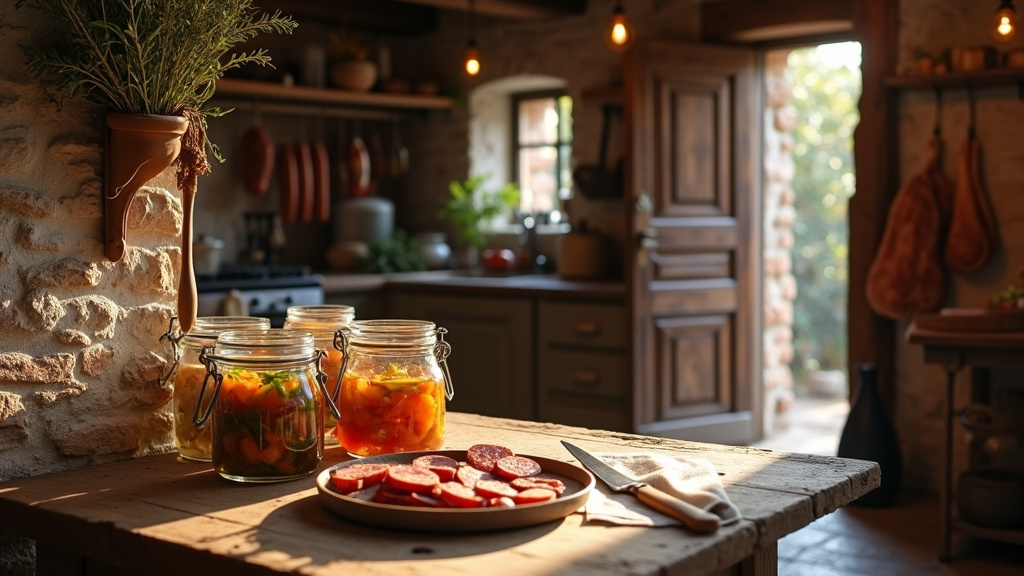 Intérieur de maison chaleureux avec cuisine rustique et garde-manger