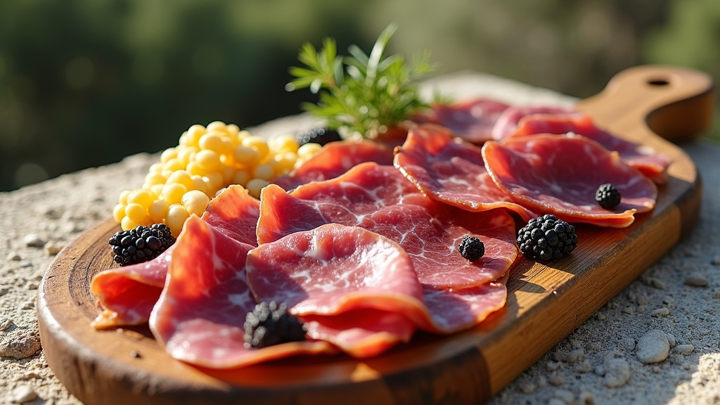 Planche de charcuterie corse avec lonzu, coppa, figatelli et prisuttu sur planche en bois